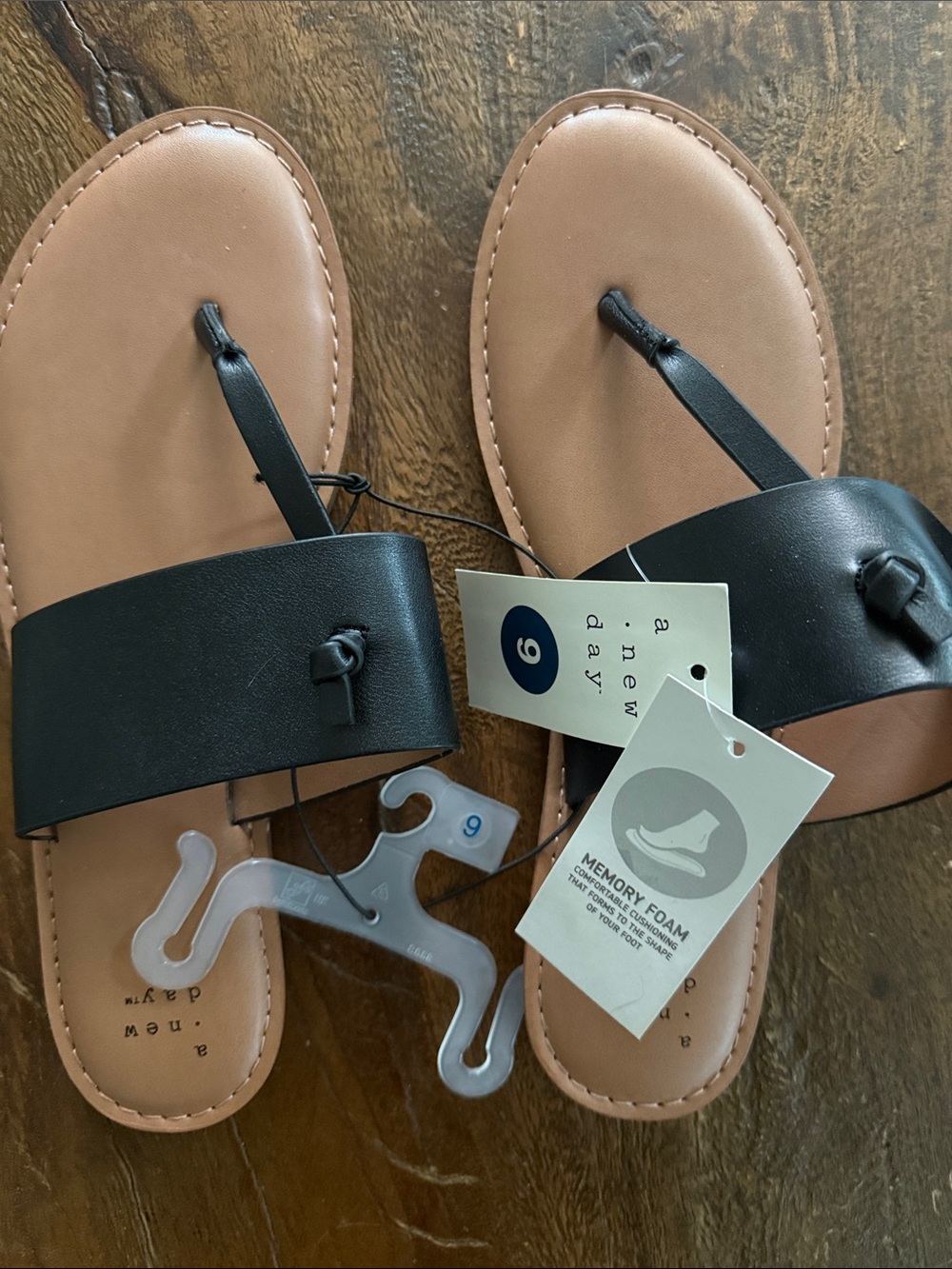 Black Leather-Look Slide Sandals with Tan Footbed